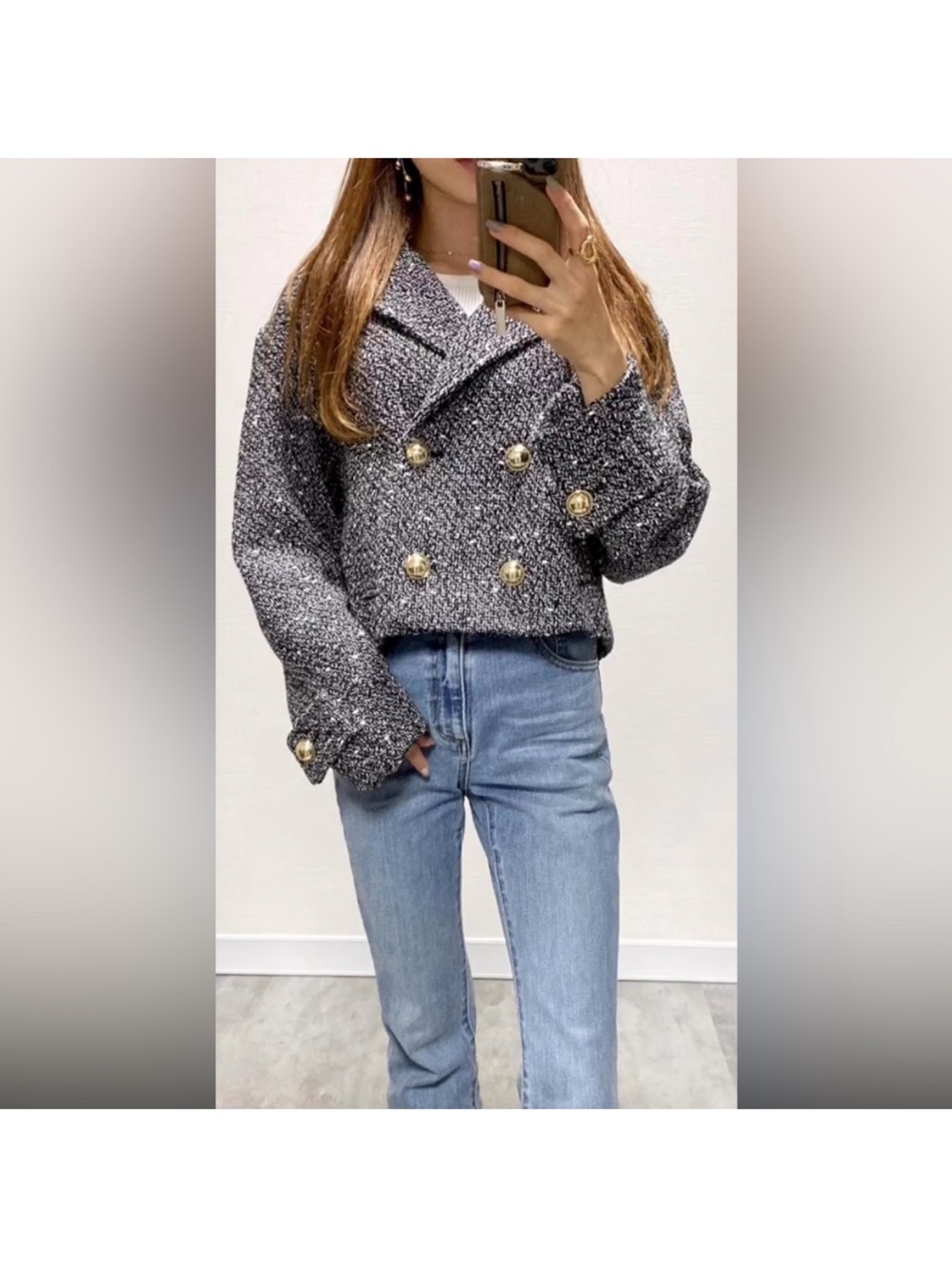 Zara Tweed Cropped Jacket in Charcoal Gray with Gold Buttons - Picture 2 of 16